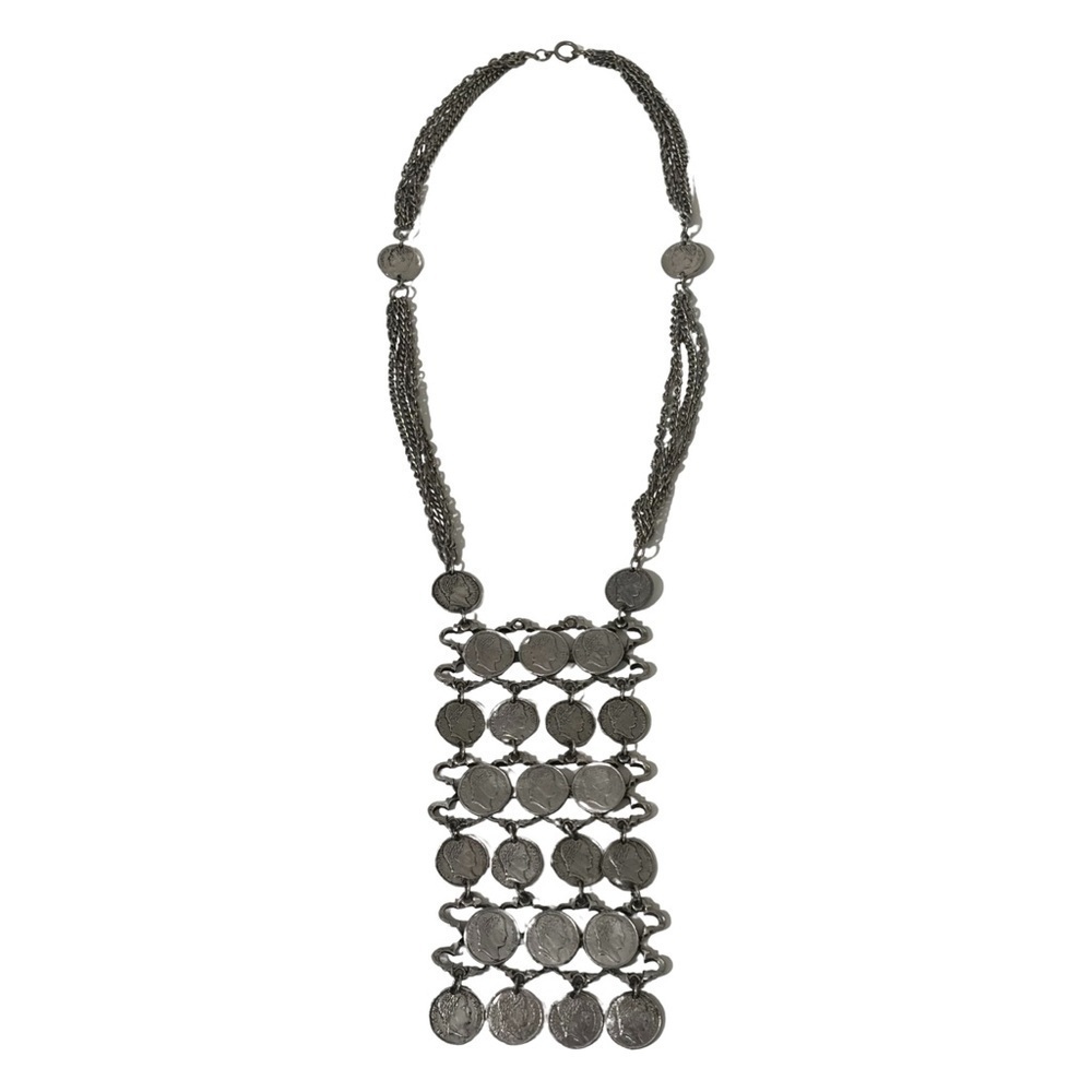 Midcentury Napoleon Emperor gun metal tone coin and chain bib necklace, unsigned
